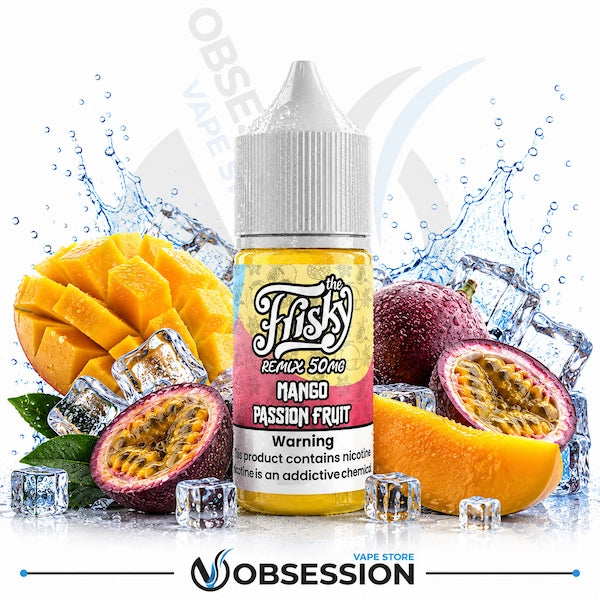 A bottle of e-liquid from 'The Fiski Remix 500' in Mango Passion Fruit flavor, displayed on a white background with a water splash graphic. The bottle is surrounded by fresh fruit slices (mango and passion fruit), ice cubes, and green leaves.