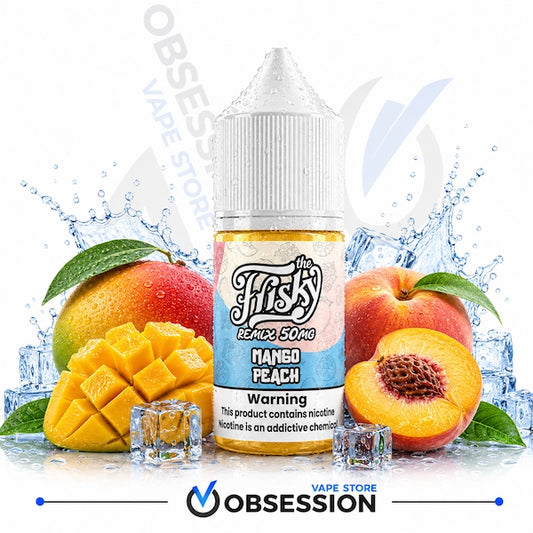 A bottle of e-liquid centered on a white background with mango and peach fruits, ice cubes, and water splashes around it. The bottle label reads 'The Fists Realty 50mg Mango Peach' and shows the Obsession / Obsese Vape Store branding.
