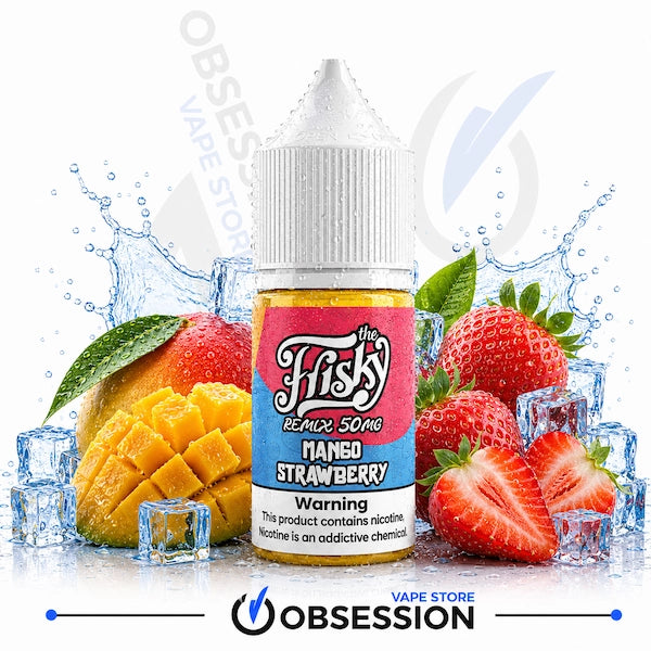 A bottle of e-liquid labeled 'The Fizzy Remix 500g Tanio Strawberry' centered in front of strawberries, a mango, and ice cubes on a white background with water splashes. A large 'OBSES VAPE STORE' watermark is visible behind the product, and 'OBSESSION' appears at the bottom.