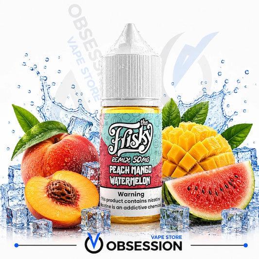 A bottle of e-liquid centered on a white background with peach, watermelon, and mango fruit slices, ice cubes, and water splash graphics. The label reads 'The Frisky Remix 50mg Peach Mango Watermelon' and shows a visible Obsession / Obsess vape store branding.