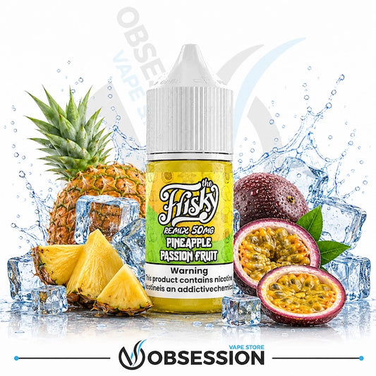 A bottle of e-liquid centered on a white background with pineapple and passion fruit props, ice cubes, and water splash graphics. The label reads 'The Hissy Reduce SMOKE Pineapple Passion Fruit' and shows a nicotine warning.