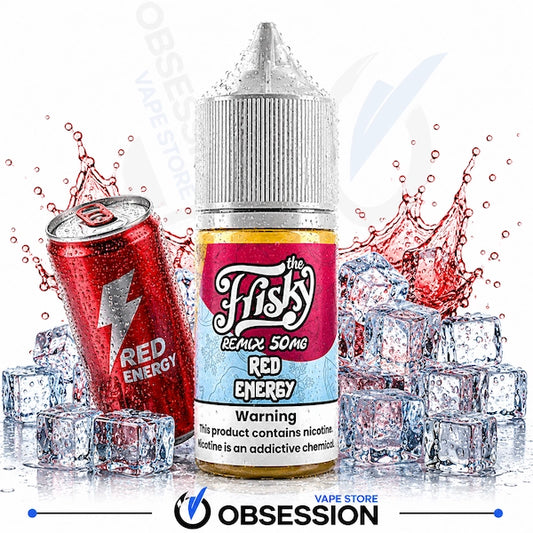 A bottle of Obsession Vape Store 'The Fizzy Remix 50mg Red Energy' e-liquid centered on a white background, flanked by a red energy drink can and ice cubes with red liquid splashes. The bottle label features a pink and blue design with the brand name 'the Fizzy'.