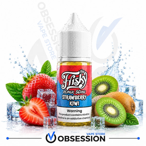 A bottle of e-liquid from 'The Fisk' labeled 'Strawberry Kiwi Remix 50mg' is centered against a white background with water splashes, strawberries, kiwi slices, kiwi, and ice cubes. A large 'OBSESSION VAPE STORE' watermark is visible in the background, and a smaller 'OBSESSION' logo is at the bottom.