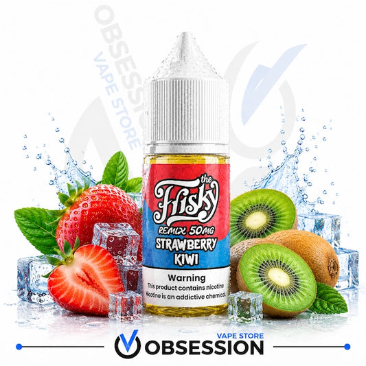 A bottle of e-liquid from 'The Fisk' labeled 'Strawberry Kiwi Remix 50mg' is centered against a white background with water splashes, strawberries, kiwi slices, kiwi, and ice cubes. A large 'OBSESSION VAPE STORE' watermark is visible in the background, and a smaller 'OBSESSION' logo is at the bottom.