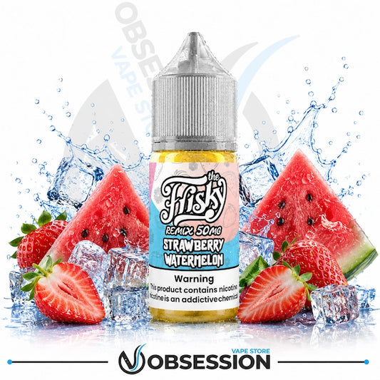A bottle of 'The Fiski' Strawberry Watermelon e-liquid centered against a white background with water splashes, ice cubes, and fresh watermelon slices and strawberries. The bottle has a silver cap and a pink and blue label.
