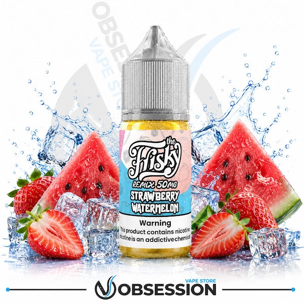 A bottle of 'The Fiski' Strawberry Watermelon e-liquid centered against a white background with water splashes, ice cubes, and fresh watermelon slices and strawberries. The bottle has a silver cap and a pink and blue label.