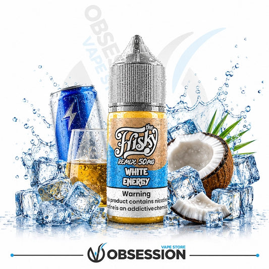 A bottle of 'The Fiskr Remix 50mg White Energy' e-liquid is centered, surrounded by ice cubes, a blue energy drink can, a glass of golden liquid, a halved coconut, and green leaves on a white background with water splashes.