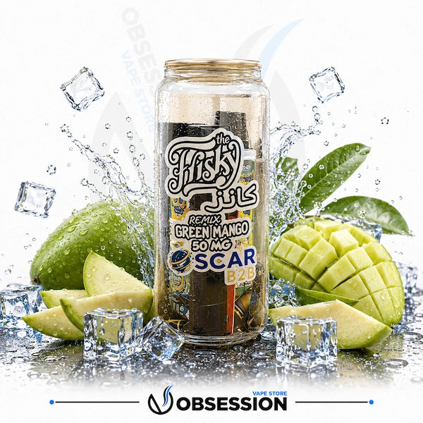 Vape device with 'Flisky' branding surrounded by green apples and mangoes with ice cubes.