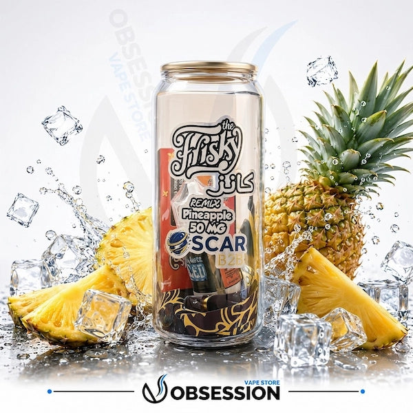 Vape device with pineapple flavor packaging surrounded by pineapples and ice cubes on a white background.