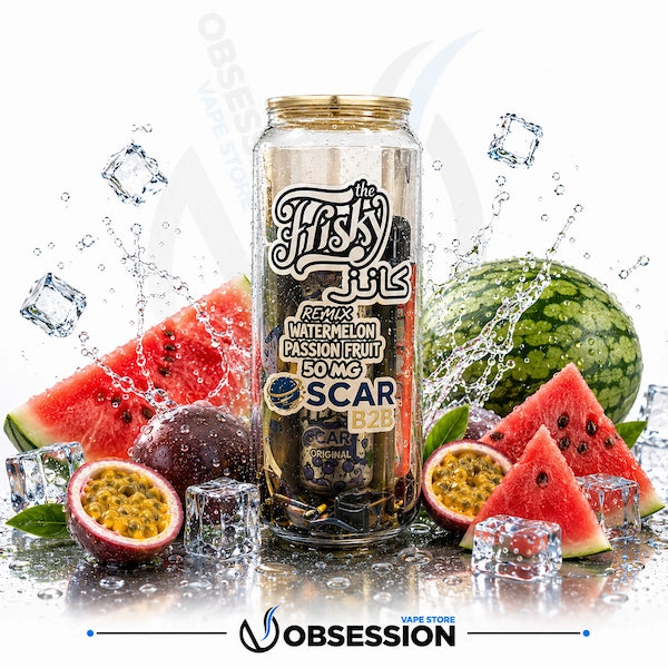 Vape device with watermelon and passion fruit theme on a white background
