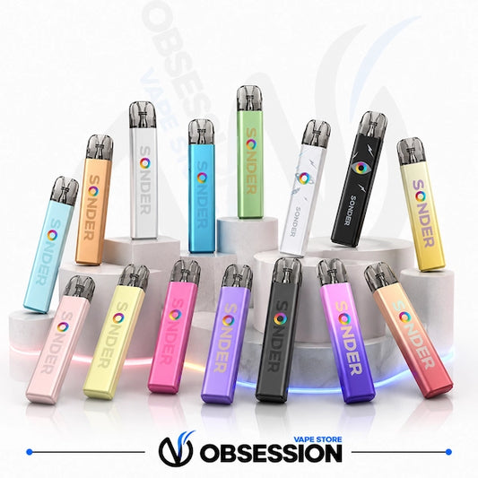 Multiple Sponder disposable vape devices in assorted colors are arranged on white display pedestals against a clean white background, with the Obsession vape store logo at the bottom.