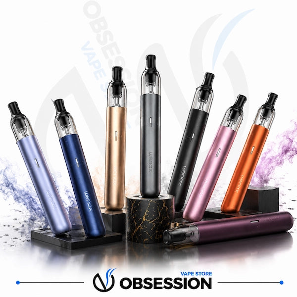 Six Obsession vape devices in assorted colors (blue, rose gold, black, pink, orange, purple) displayed on black stands against a white background with smoke effects and the Obsession brand logo.