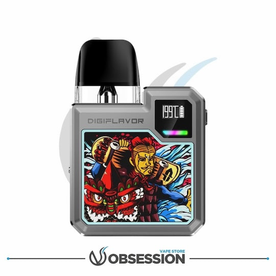 Vape device with digital display and colorful artwork on a white background, featuring the brand 'Obsession'.