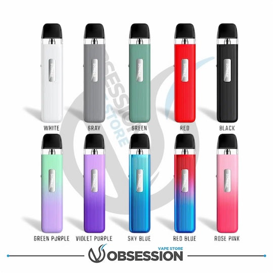 Assorted colored vape devices with labels on a white background, featuring the brand 'Obsession Vape Store'.