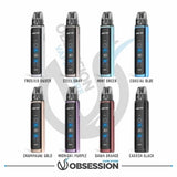 Various colored vape devices with brand names on a white background
