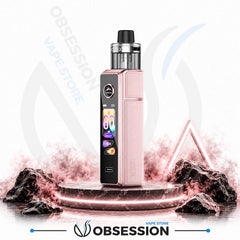 A pink and black Obsession vape device stands on a circular platform with pink mist and dark rocks around it. The background is white with faint Obsession branding and a large stylized logo.