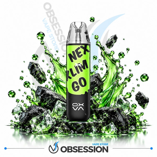 A disposable vape device labeled 'NEX KLIM GO' in black and neon green, surrounded by a dynamic splash of green liquid, ice cubes, and black rocks on a white background, with the Obsession vape store logo at the bottom.