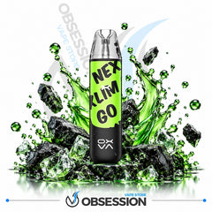 A disposable vape device labeled 'NEX KLIM GO' in black and neon green, surrounded by a dynamic splash of green liquid, ice cubes, and black rocks on a white background, with the Obsession vape store logo at the bottom.
