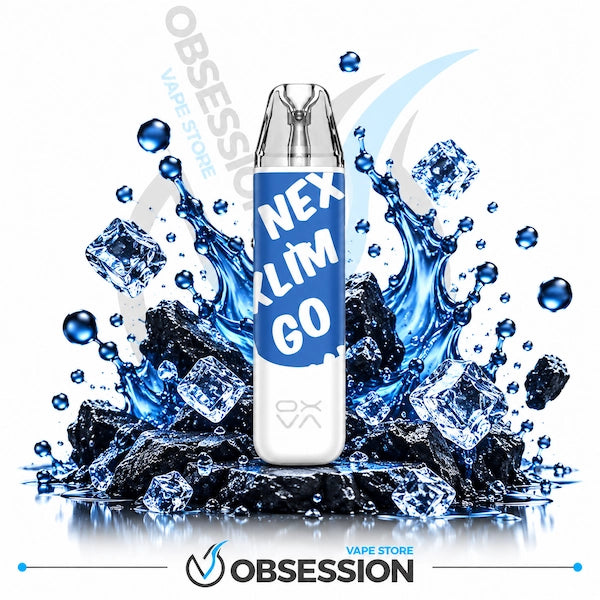 A disposable vape device labeled 'NEX KLIM GO' stands upright in front of a stylized splash of blue water, ice cubes, and black rocks on a white background. The Obsession vape store logo appears at the bottom, with a diagonal Obsession watermark across the image.