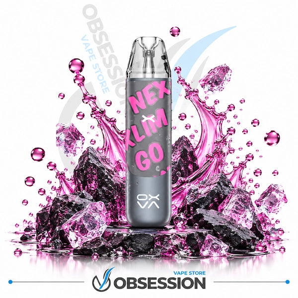 A silver disposable vape device with pink and black graphics reading 'NEX XL M GO' stands centered in front of a stylized pink liquid splash and dark ice cubes on a white background. Obsession branding is visible in the background and at the bottom.