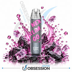 A silver disposable vape device with pink and black graphics reading 'NEX XL M GO' stands centered in front of a stylized pink liquid splash and dark ice cubes on a white background. Obsession branding is visible in the background and at the bottom.