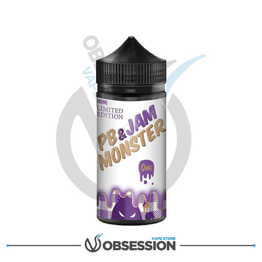 Vape bottle labeled 'PB & Jam Monster' with a purple and white design on a white background.