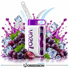 A white Vozol vape storage device with a purple lid and handle, surrounded by purple grapes, green leaves, ice cubes, and purple liquid splashes on a white background. The Obsession brand logo is visible at the bottom.