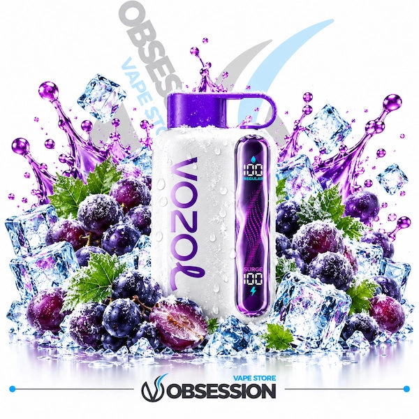 A VOOZOL vape device with a purple mouthpiece and side display, surrounded by ice cubes, purple grapes, and mint leaves on a white background with Obsession branding.