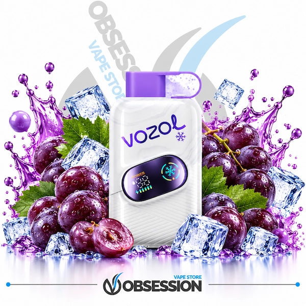 A white Vozol vape device with a purple mouthpiece and digital screen, surrounded by purple grapes, ice cubes, and purple liquid splashes on a white background. The Obsession Vape Store logo is visible at the bottom.
