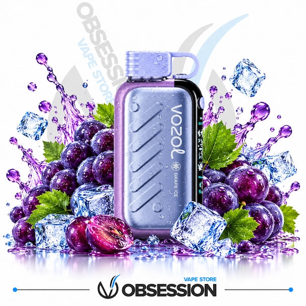 A Vozol disposable vape device in metallic lavender and black, surrounded by purple grapes, green leaves, ice cubes, and purple liquid splashes on a white background, with Obsession branding at the bottom.