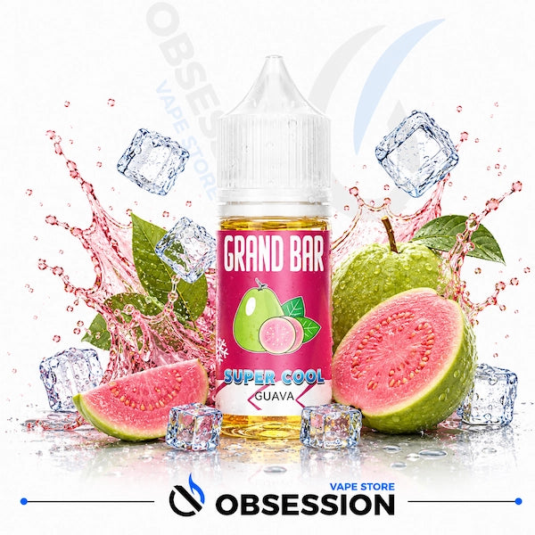 Grand Bar Super Cool Guava vape juice bottle with guava fruit and ice cubes on a white background.