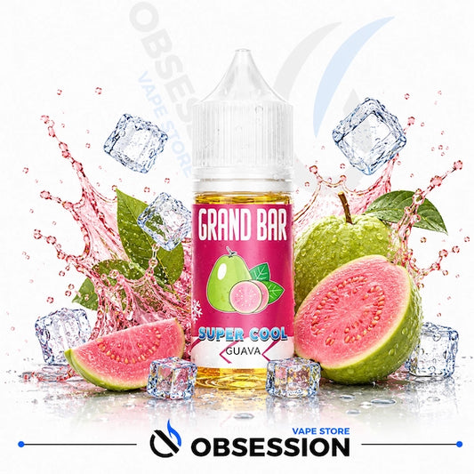 Grand Bar Super Cool Guava vape juice bottle with guava fruit and ice cubes on a white background.