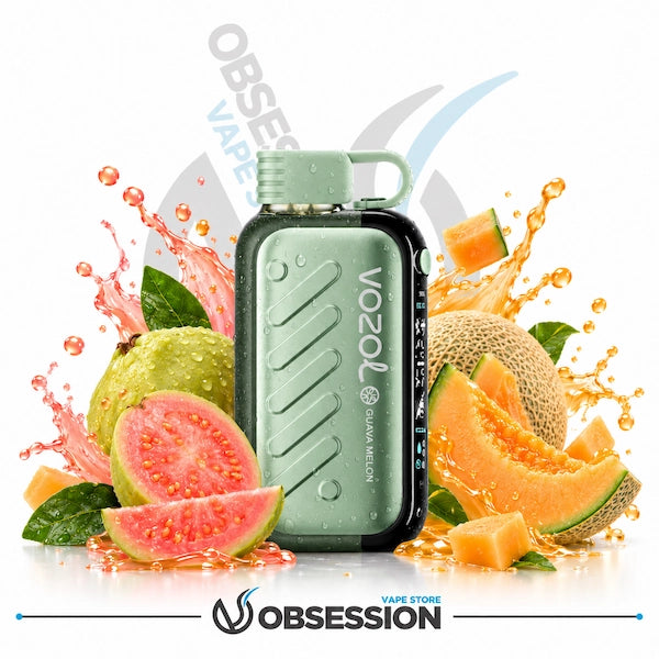 A mint green Vozol Quma Melon disposable vape device surrounded by fresh fruit slices, guavas, and melon, with orange juice splashes and a white background. The Obsession store logo is visible at the bottom.