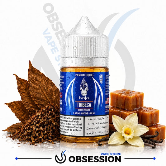 A bottle of Tribeca e-liquid by Halo Vapes, flavor 'Premium E-Liquid Tobacco', shown with visual cues of its ingredients: tobacco leaves, vanilla beans, and vanilla ice cream cubes on a white background with a light gray watermark.