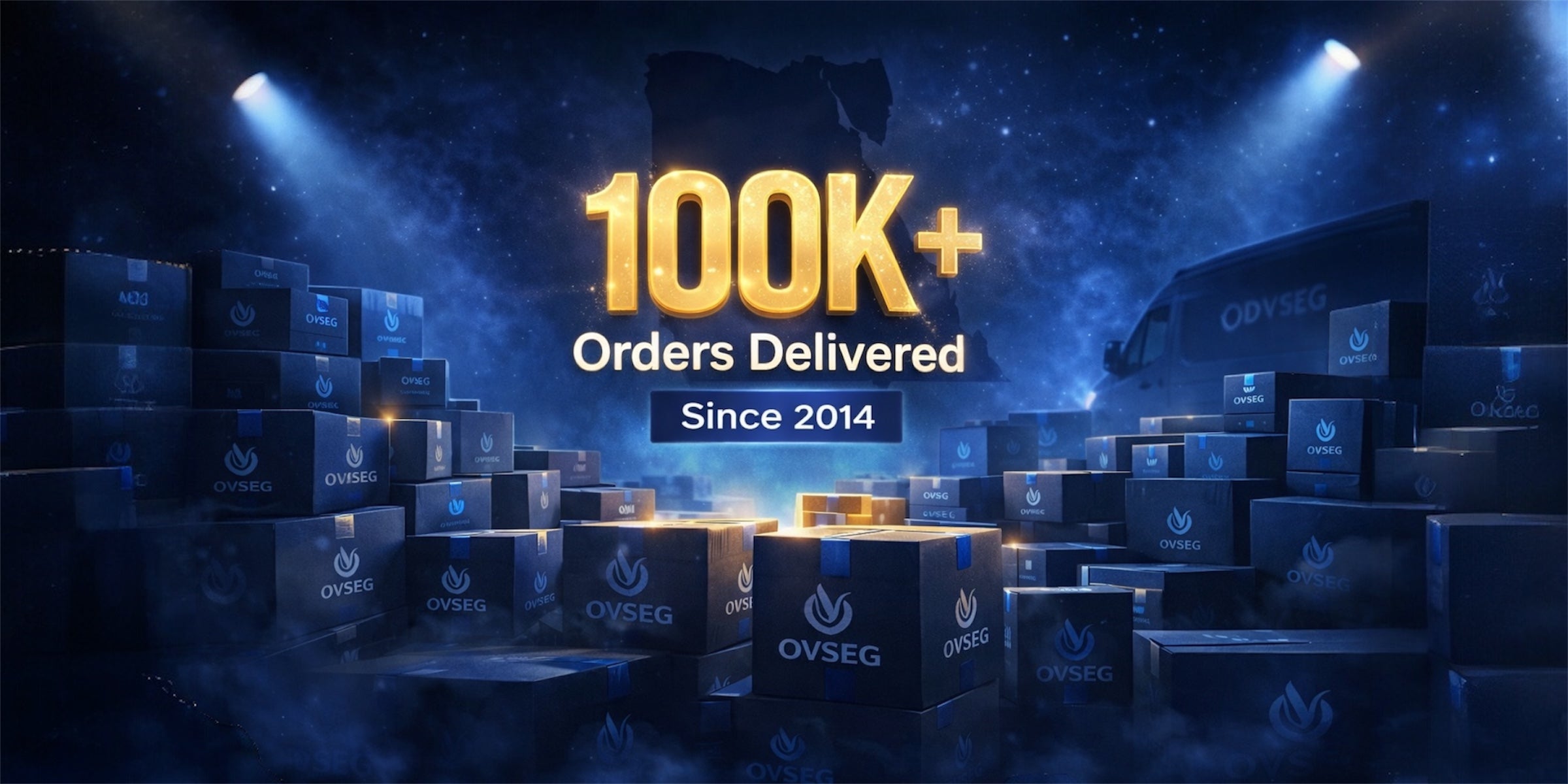 Stacks of boxes with OVSEG branding and text indicating 100,000+ orders delivered since 2014.