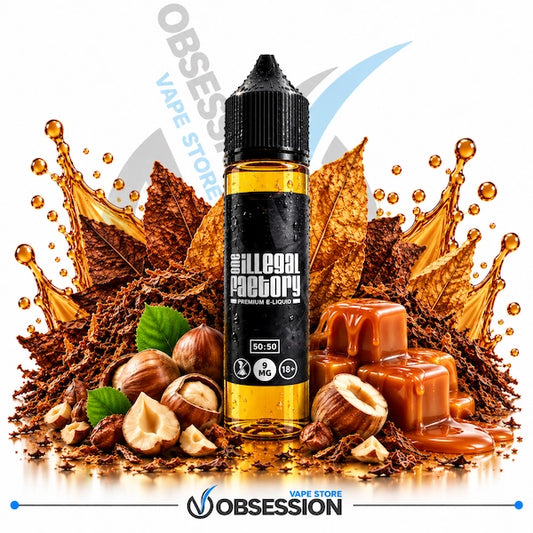 A bottle of e-liquid from 'The Illegal Factory' centered against a white background, surrounded by a stylized graphic of caramel, hazelnuts, tobacco leaves, and liquid splashes. The bottle has a black label with white text and a black cap.