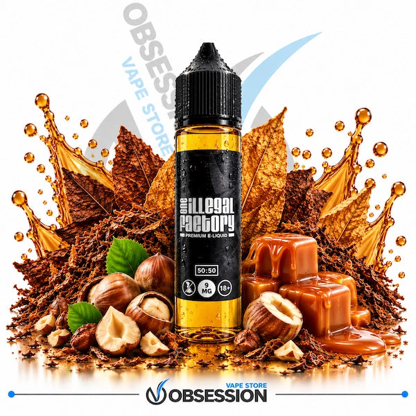A bottle of e-liquid from 'The Illegal Factory' centered against a white background, surrounded by a stylized graphic of caramel, hazelnuts, tobacco leaves, and liquid splashes. The bottle has a black label with white text and a black cap.