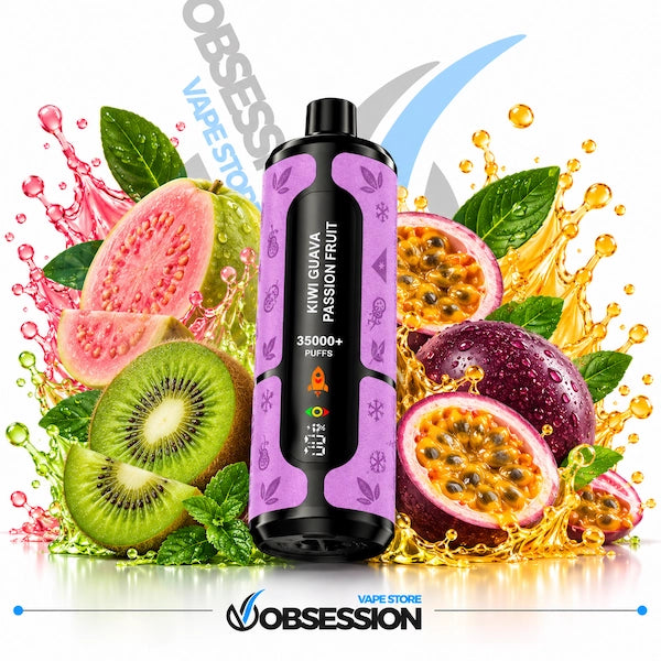 A vape device labeled 'MWI GUAVA PASSION FRUIT' in purple and black, surrounded by fresh guava and passion fruit slices, green kiwi, mint leaves, and golden liquid splashes on a white background. The Obsession Vape Store logo is visible at the bottom.