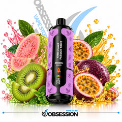 A vape device labeled 'MWI GUAVA PASSION FRUIT' in purple and black, surrounded by fresh guava and passion fruit slices, green kiwi, mint leaves, and golden liquid splashes on a white background. The Obsession Vape Store logo is visible at the bottom.