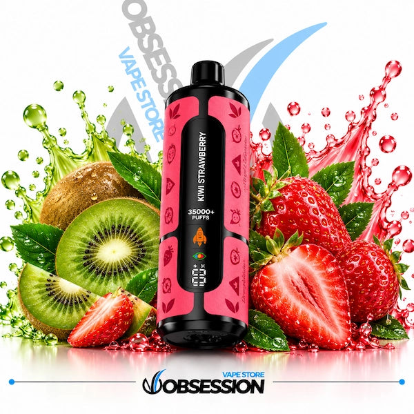 A black and pink Obession vape device labeled 'Kiwi Strawberry' is centered against a white background, surrounded by fresh strawberries, kiwi slices, kiwi skin, green leaves, and red liquid splashes. The Obession Vape Store logo is visible at the bottom and as a watermark.