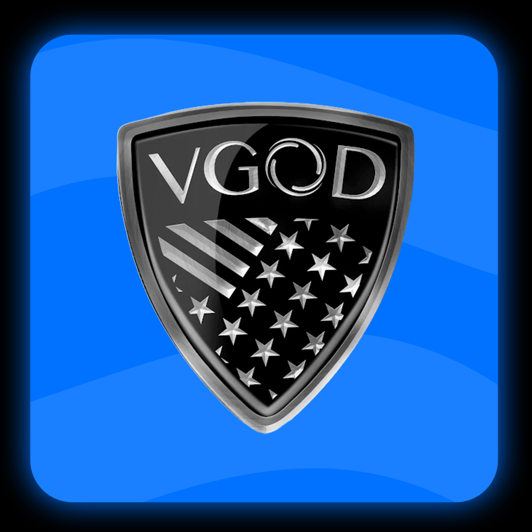 Shield-shaped logo with 'VGOD' text and American flag design on a blue background