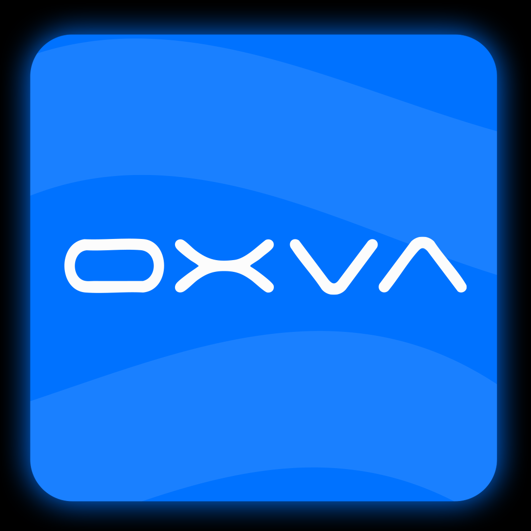 Blue square with 'OXVA' logo in white