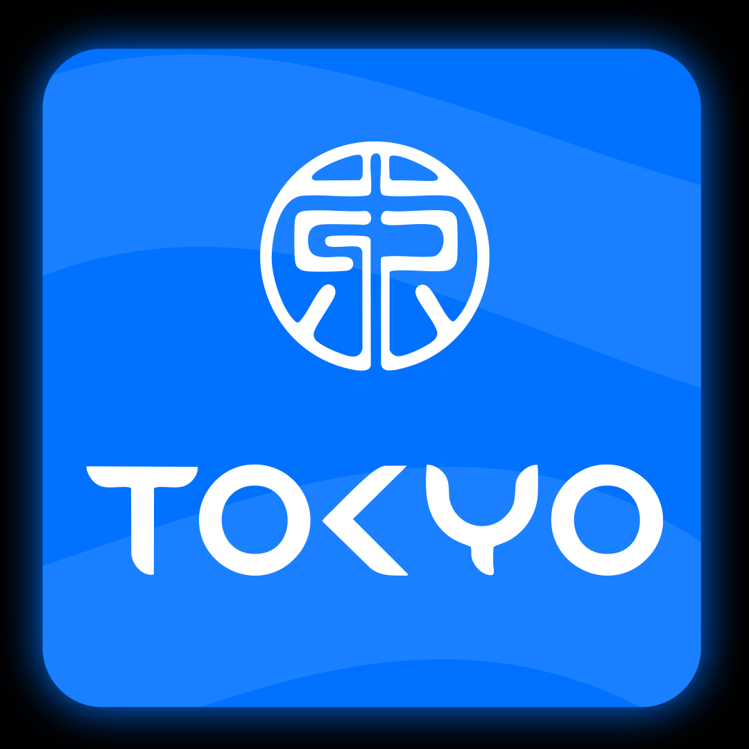 Blue square with white logo and 'TOKYO' text