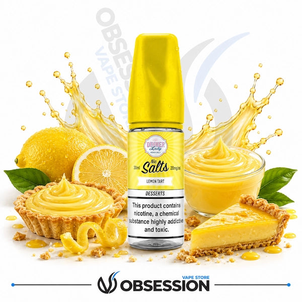 Vape juice bottle with lemon-themed elements including lemons, a tart, and a pie on a white background.