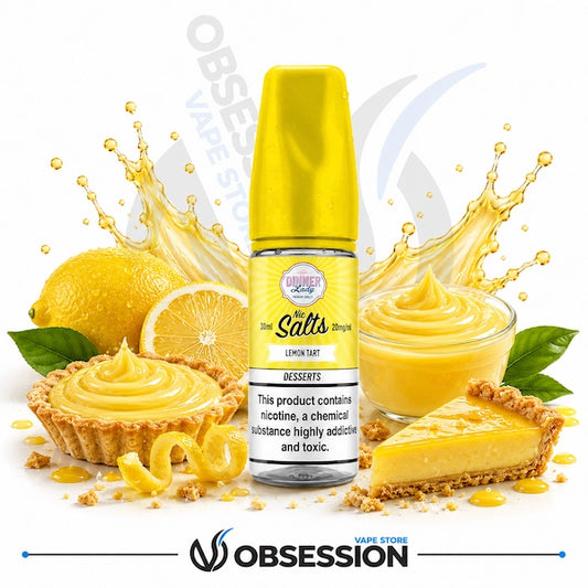 Vape juice bottle with lemon-themed elements including lemons, a tart, and a pie on a white background.