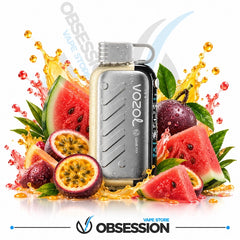 A silver and black Voozol vape device stands centered on a white background, surrounded by watermelon slices, passion fruit, purple fruit, green leaves, and orange syrup splashes. Large 'OBSESS' and 'VAPSTORE' branding is visible in the background and at the bottom.