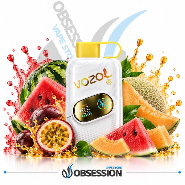 A white Vozol disposable vape device with a yellow mouthpiece and a digital screen on the front, surrounded by fresh fruit slices including watermelon, cantaloupe, passion fruit, and cantaloupe melon, with orange and red liquid splashes on a white background. The Obsession brand logo is visible at the bottom.