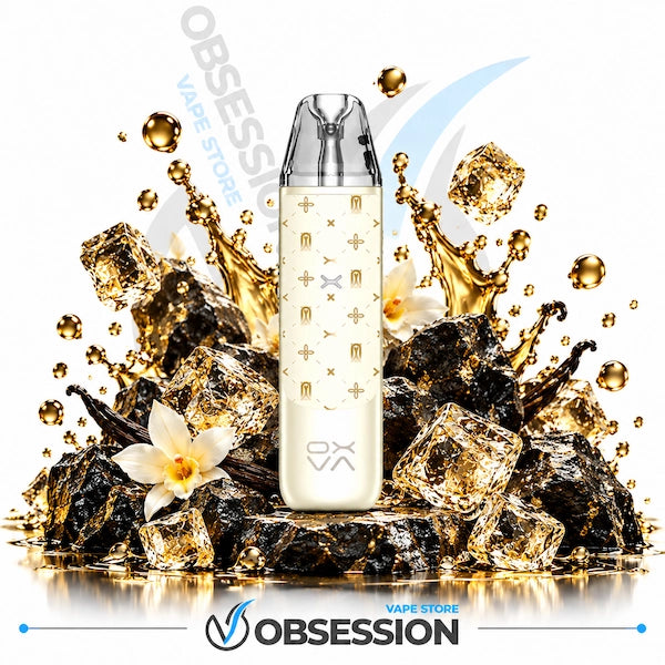A disposable vape device with a cream-colored body and gold patterns, surrounded by gold liquid splashes, ice cubes, and a white flower on a white background with Obsession branding.