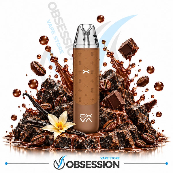 A brown disposable vape device with a monogram pattern stands centered on a pile of chocolate chunks, coffee beans, vanilla beans, and a flower, with chocolate splashes and droplets around it. The background is white with Obsession Vape Store branding.