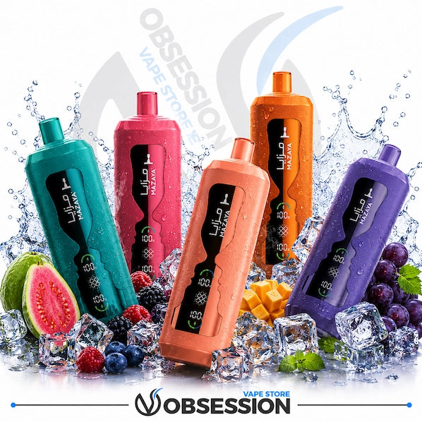 Five colorful vape devices with ice cubes and fruits on a white background, featuring the brand 'Obsession'.
